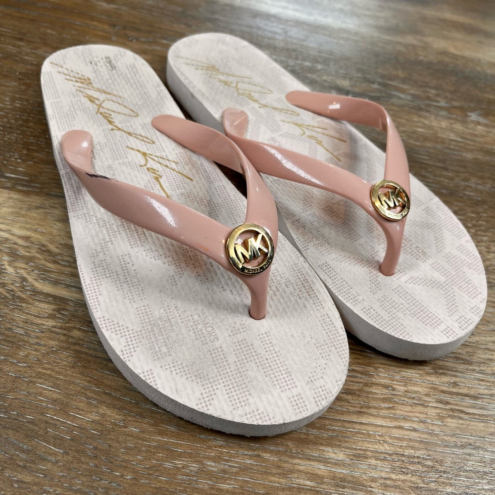 Michael Kors Women Sandals SZ 8 Jet Set Signature Flip Flop Pink and Cream